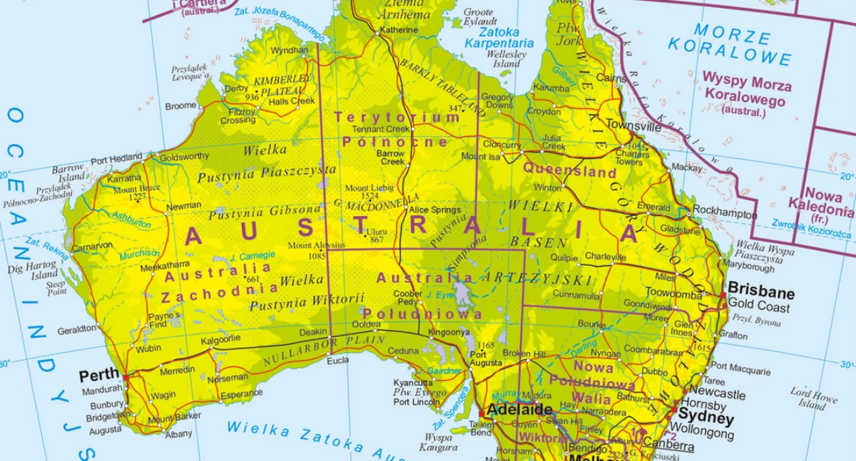 Aùtór: Aotearoa; zdrzódło: https://pl.wikipedia.org/wiki/Australia#/media/Plik:Australia_mapa.png