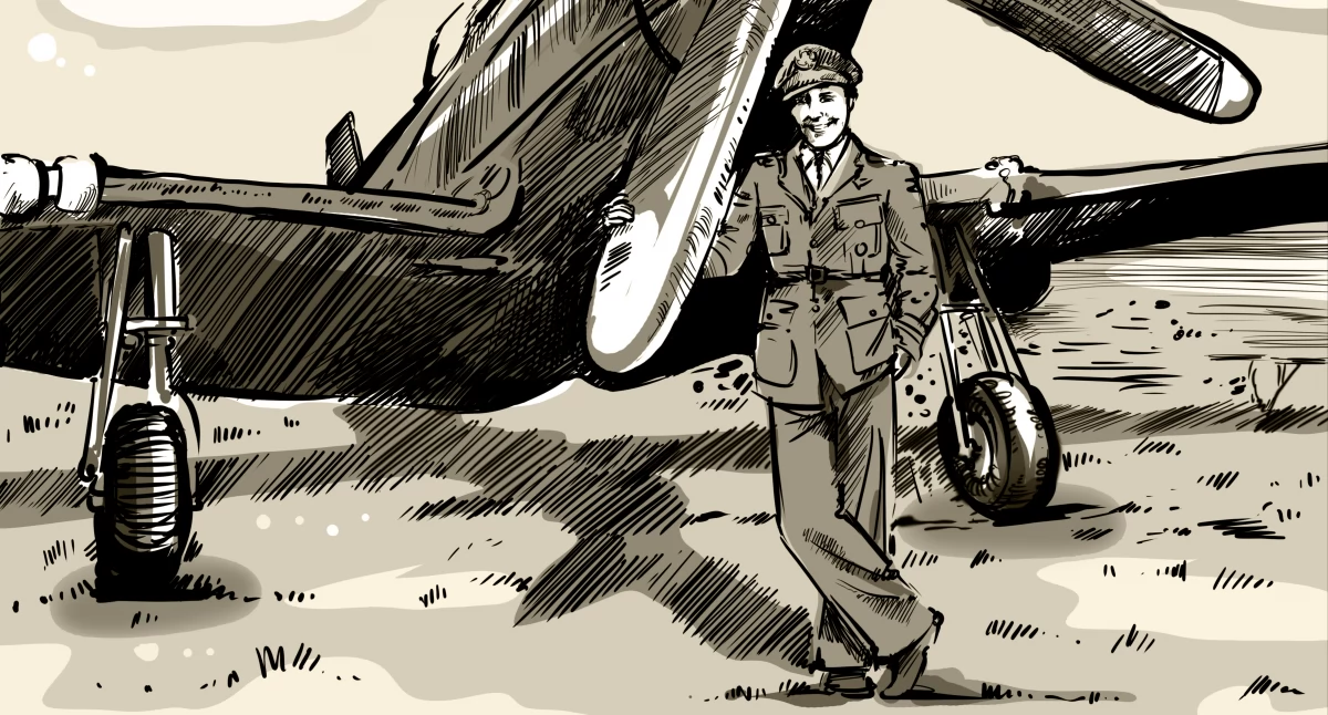 Mjr Józef Jeka (1917-1958), mësliwsczi as – strącył wicy jak 5 fligrów wroga, pilot w britijsczim RAF-ie a pòlsczich diwizjonach m.jin. 308 i 306, w 1946 r. wódca negò slédnégò. Grafika: J. Grudnik