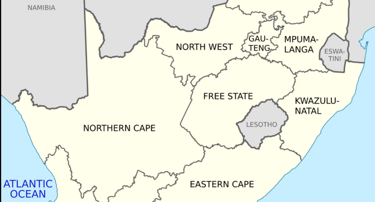 Aùtór: Htonl; https://commons.wikimedia.org/w/index.php?title=South_Africa_(RSA)&uselang=pl#/media/File:Map_of_South_Africa_with_English_labels.svg