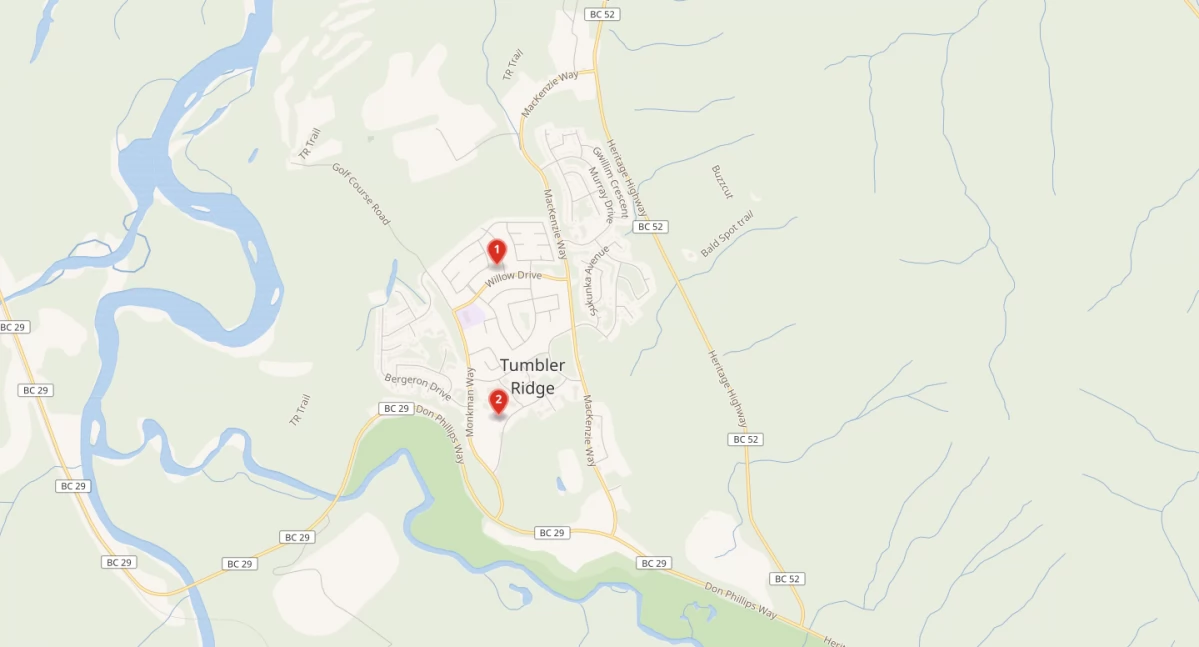 Môl strzélindżi. Zdrzódło: https://en.wikipedia.org/wiki/2026_Tumbler_Ridge_shooting#/maplink/0