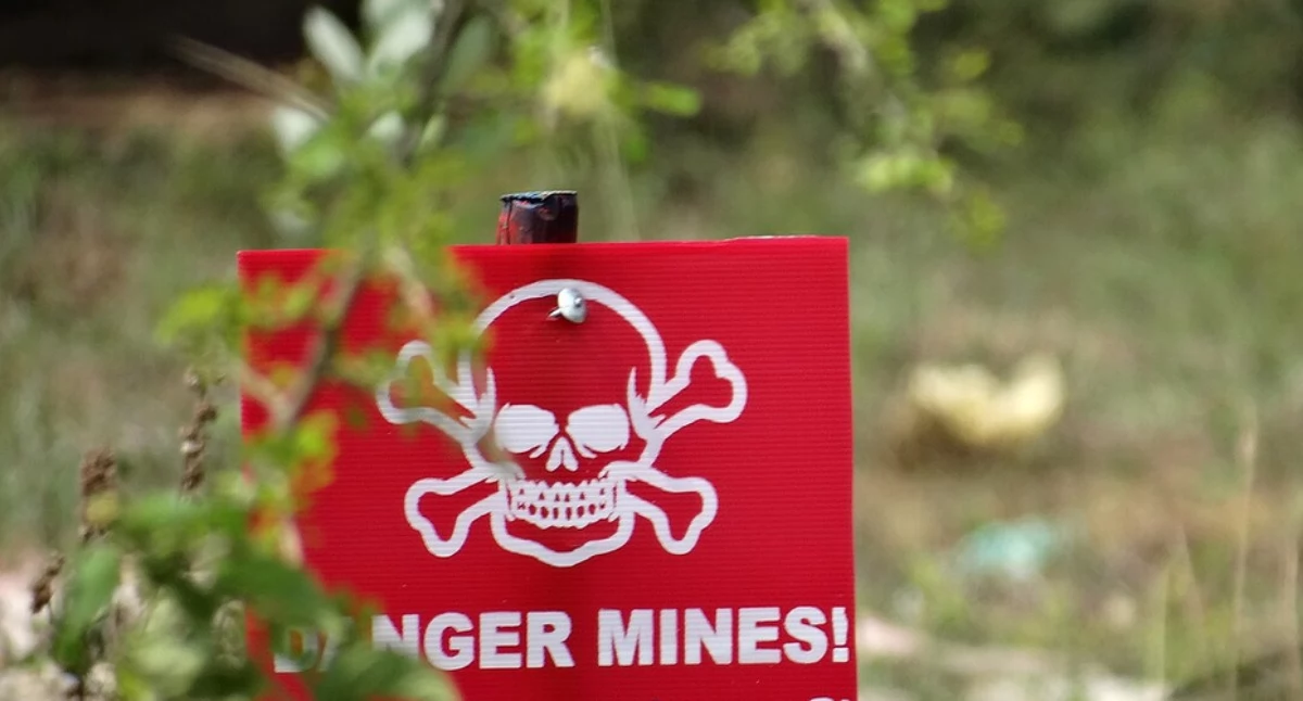 Pòzdrzatkòwi òdjimk. Òdj. Adam Jones - Flickr: Danger Mines! - Sign en route to Jaffna - Sri Lanka; zdrzódło: https://pl.wikipedia.org/wiki/Pole_minowe#/media/Plik:Danger_Mines_Sign,_Jaffna.jpg